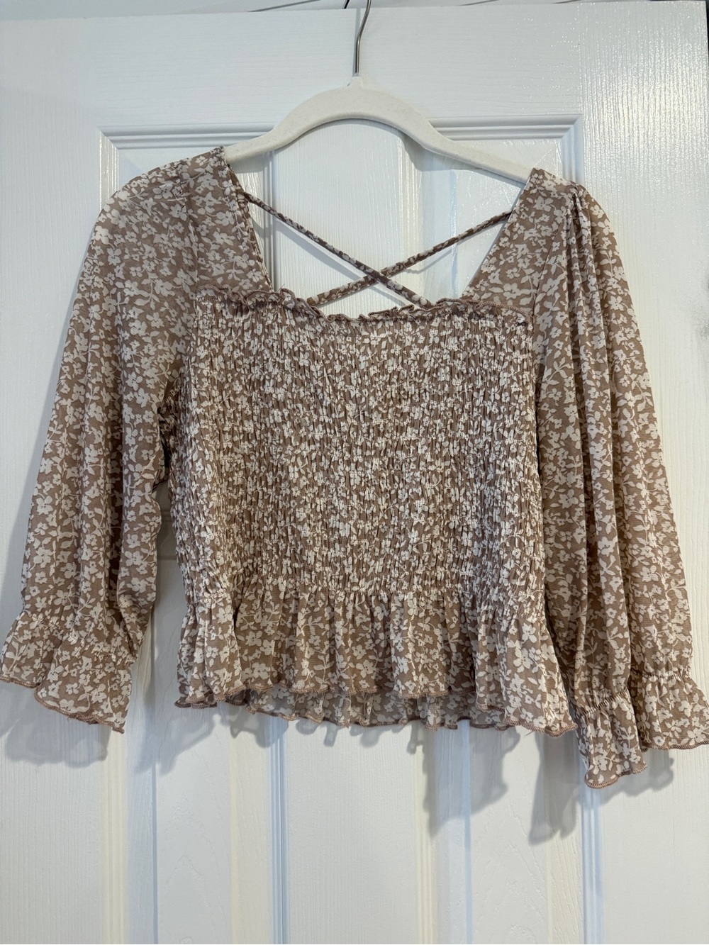 Le Lis Beige Floral Smocked Peasant Blouse